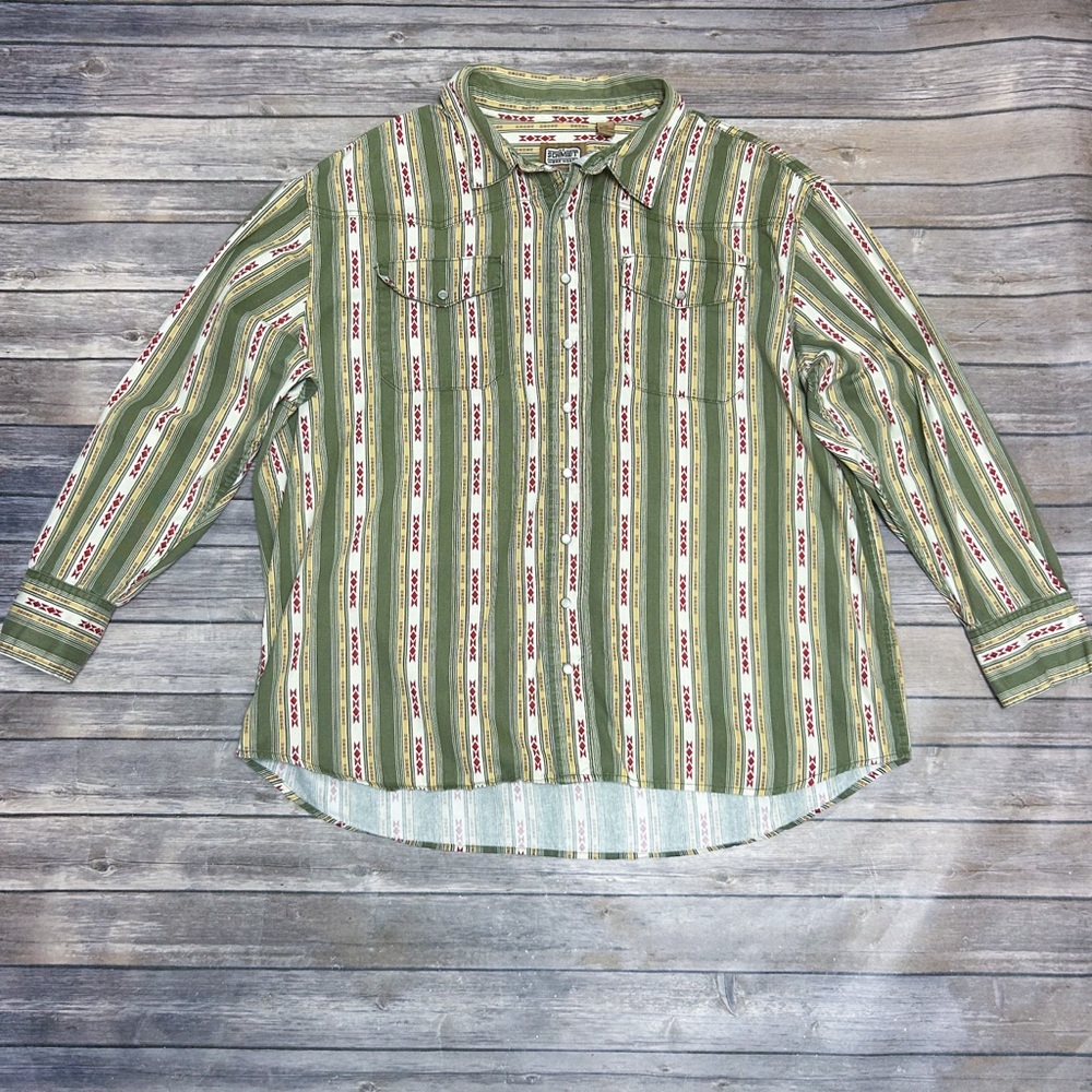 CE Schmidt Workwear Green Ivory Red Aztec Western Snap Button Up Twill Shirt 2XL